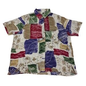 Alfred Dunner Petite Womens 12P Floral Top Colorblock Button Down Blouse